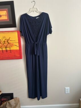 Cato Navy Crochet-Front Tie-Waist Jumpsuit
